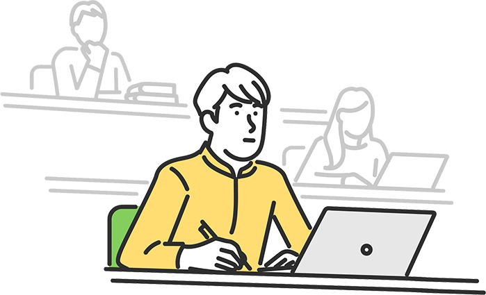 教室でノートパソコンに向かって学ぶ学生のイラスト